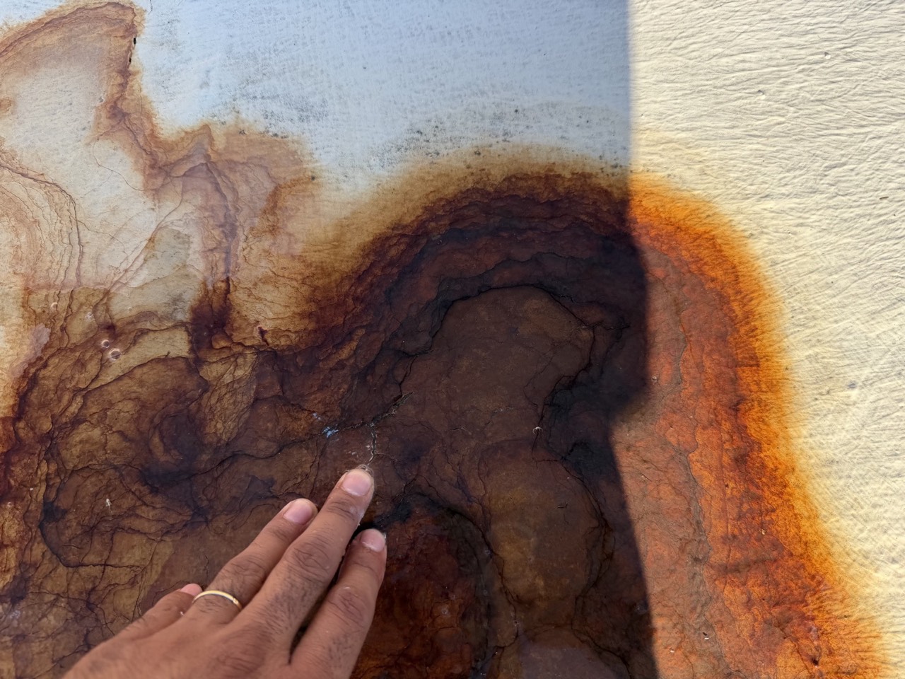 Severely deteriorated roof coating showing dark staining and surface breakdown across a wide area