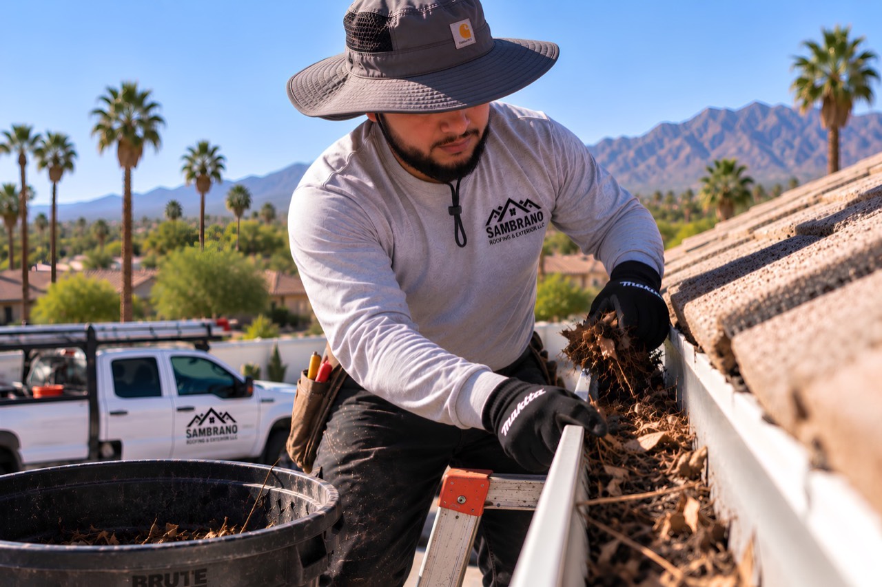 Clearing leaves and debris from a roof gutter