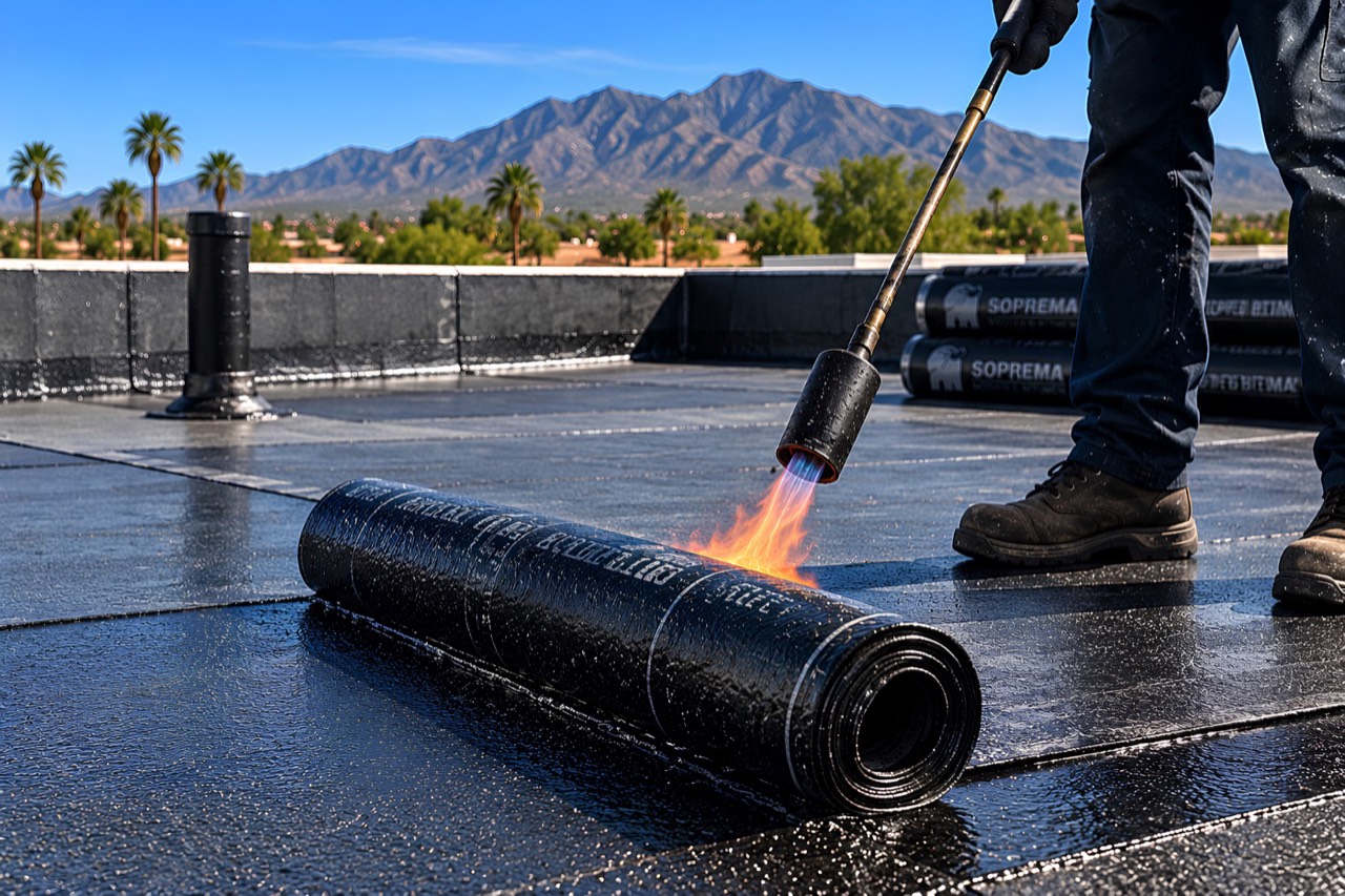 Torch-applying a modified bitumen roofing membrane