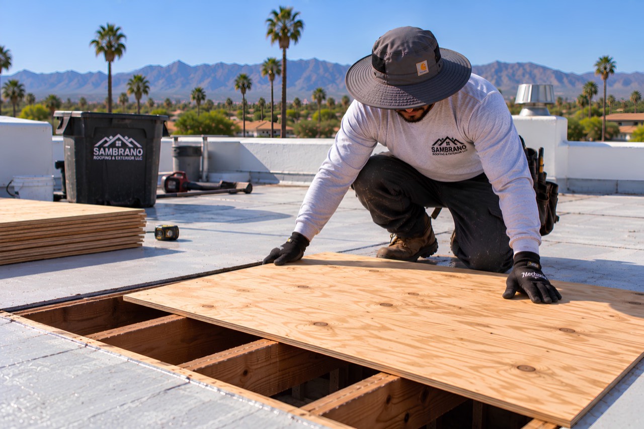 Installing new plywood decking over open roof rafters