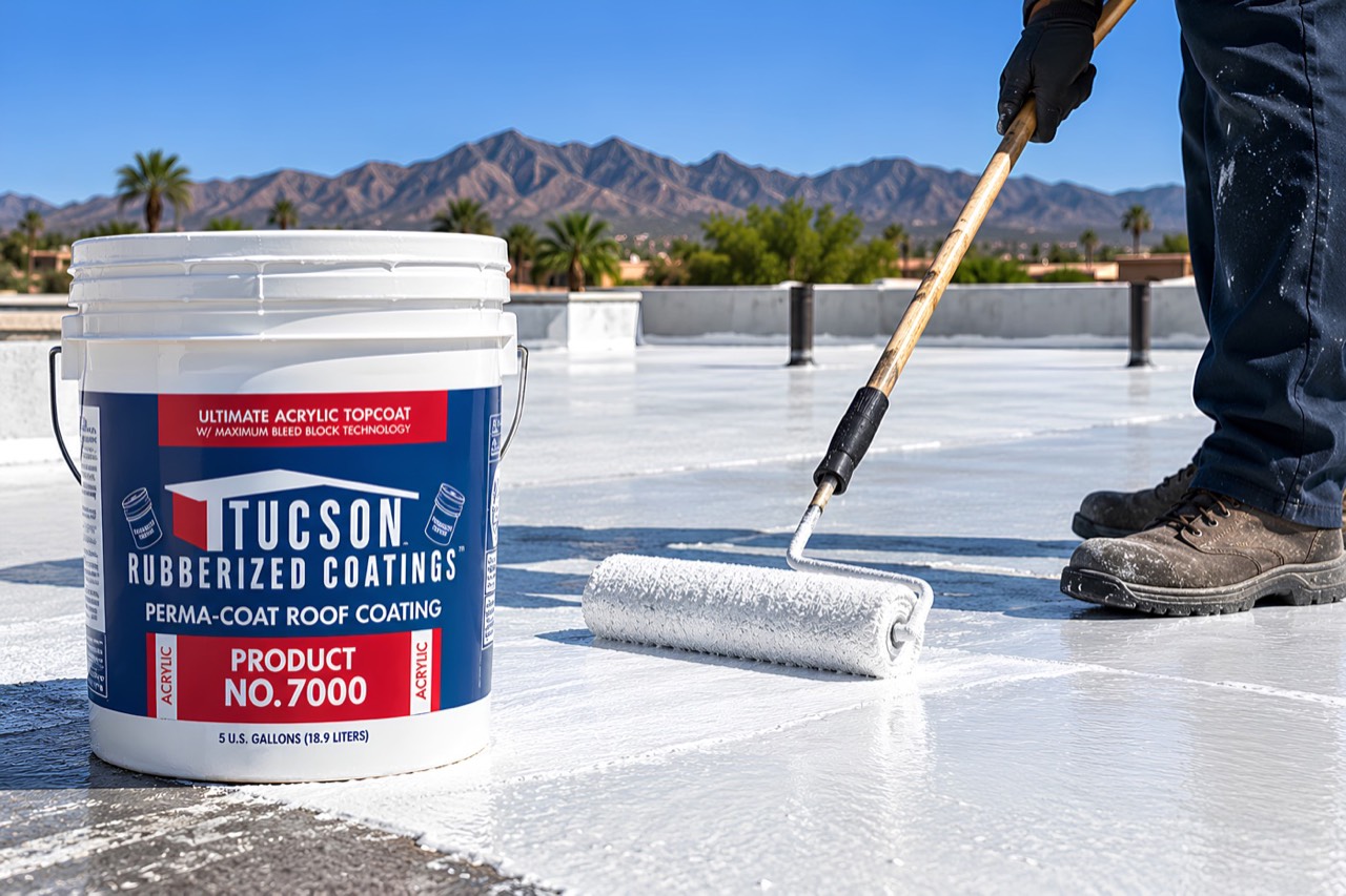 Applying roof coating with a roller to a flat roof