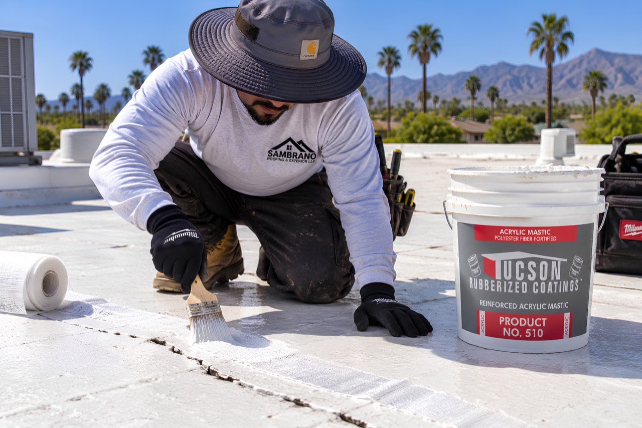 Brushing sealant into a roof seam with fabric reinforcement