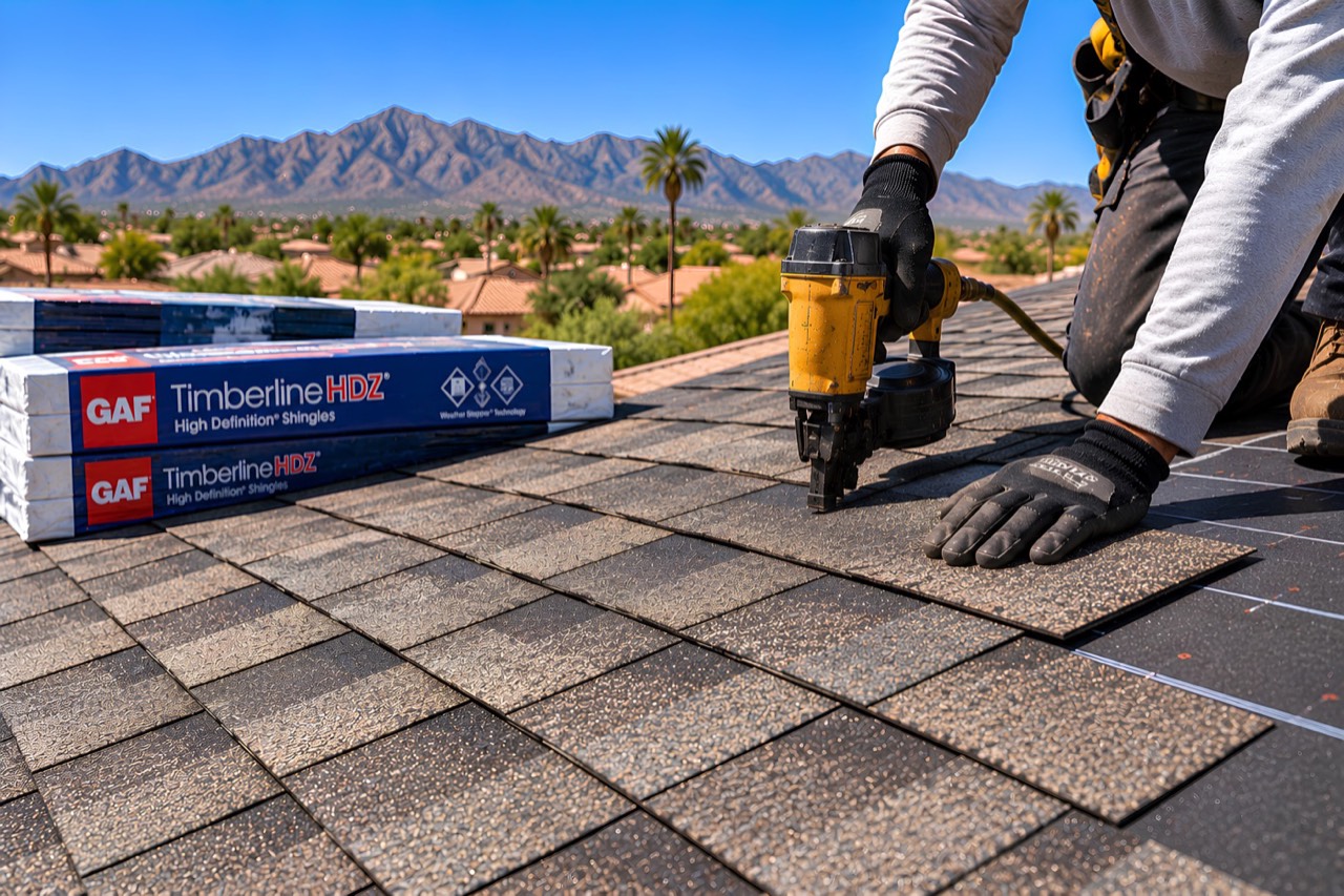 Installing asphalt shingles with a nail gun