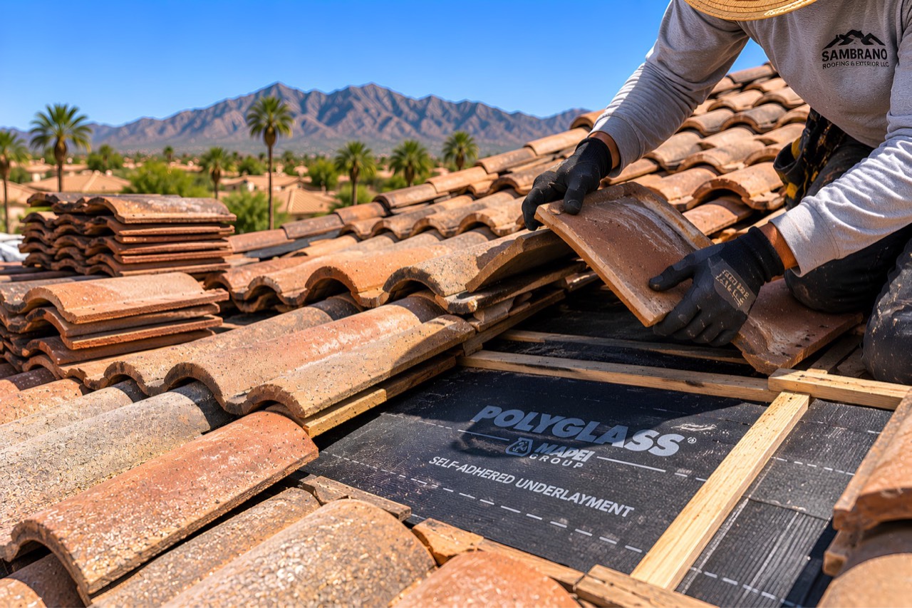 Resetting clay roof tile over new underlayment