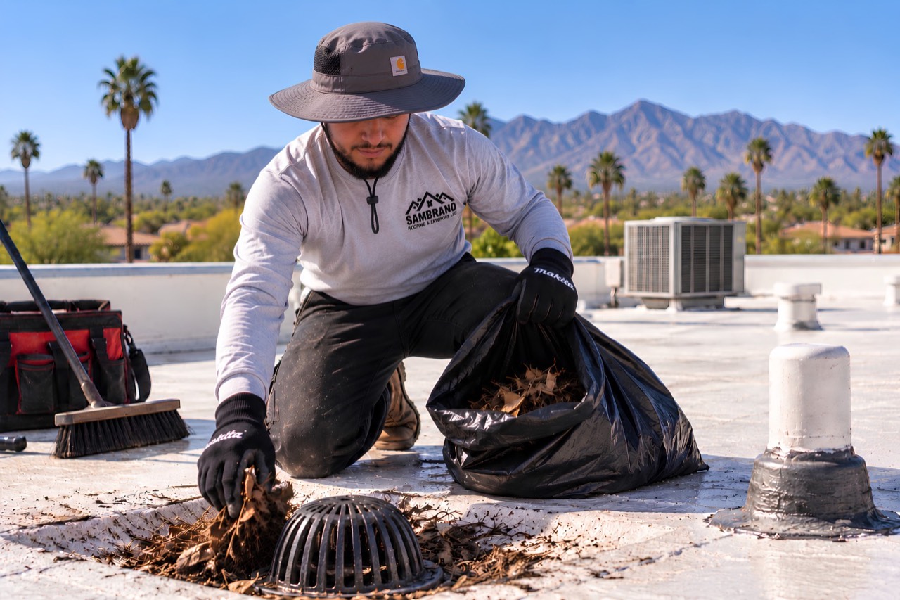 Clearing debris from a roof drain during maintenance
